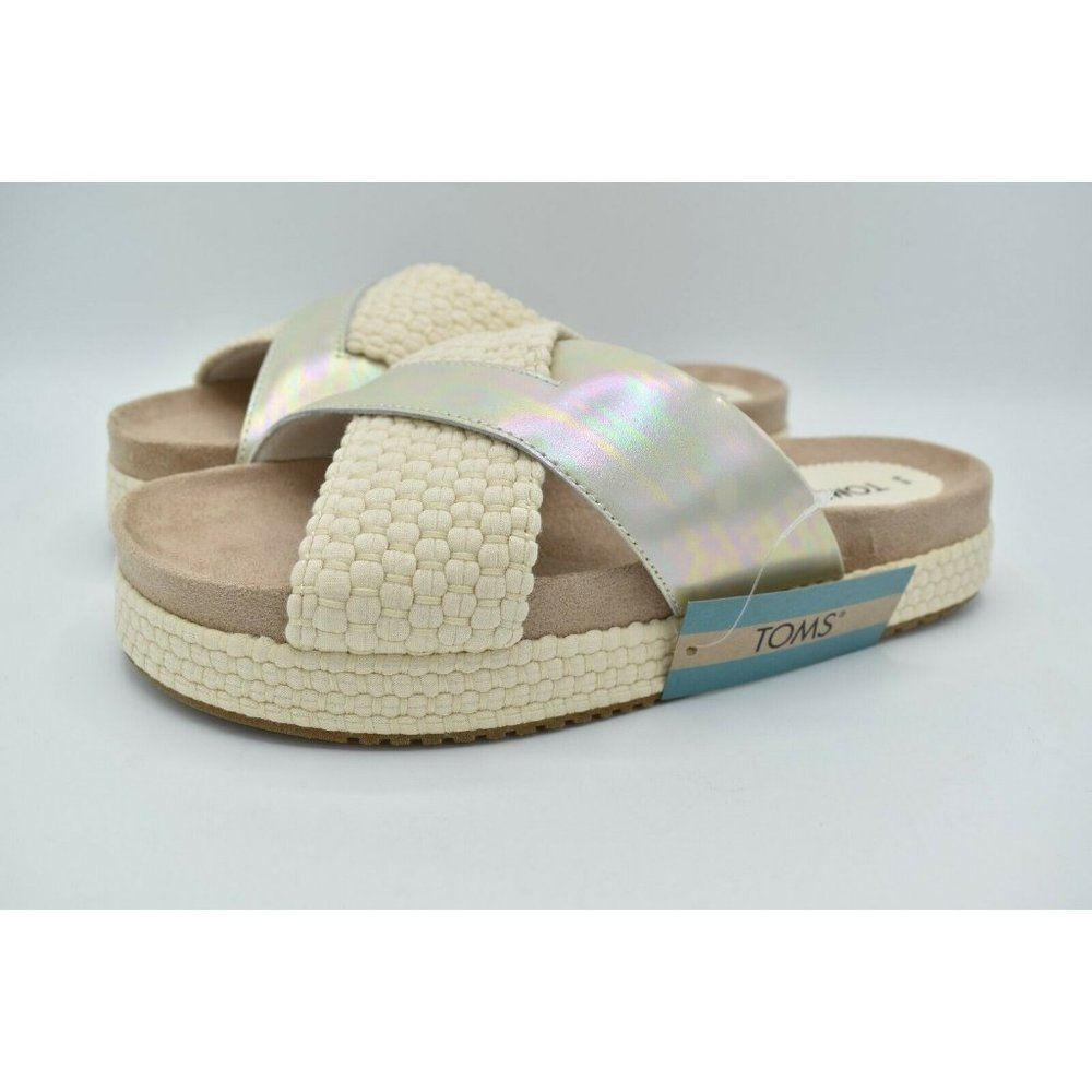 Toms Womens Size 9 Silver Iridescent Leather Woven Trim Paloma Platform Slide
